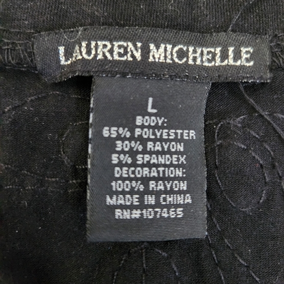 Lauren Michelle Black Top Size L‎ Embroidered Floral Swirl Keyhole Boat Neckline - Picture 9 of 13